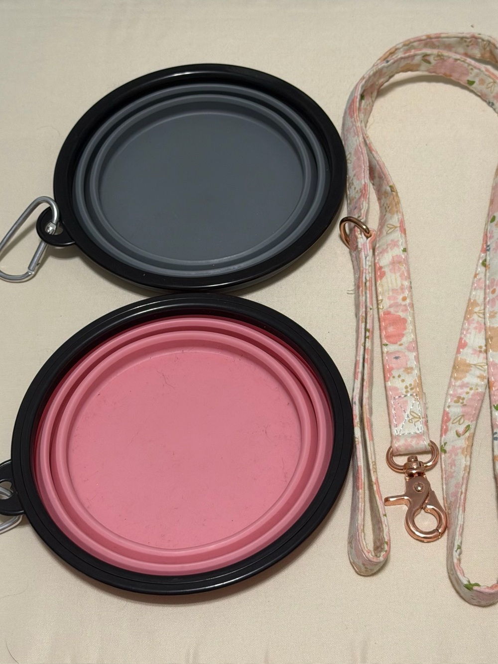 Collapsible Silicone Dog Travel Bowls in Pink & Grey with Pink Floral Dog Leash